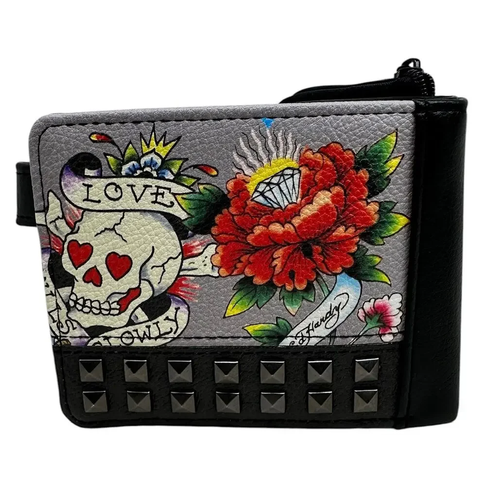 Ed Hardy Men's Pyramid Stud Printed Snap Closure Bifold Wallet